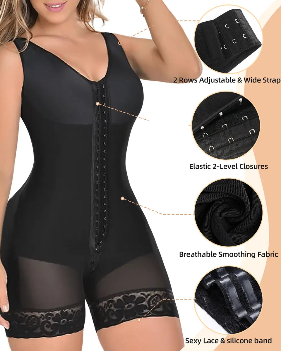 Black shapewear bodysuit with features highlighted on a beige background