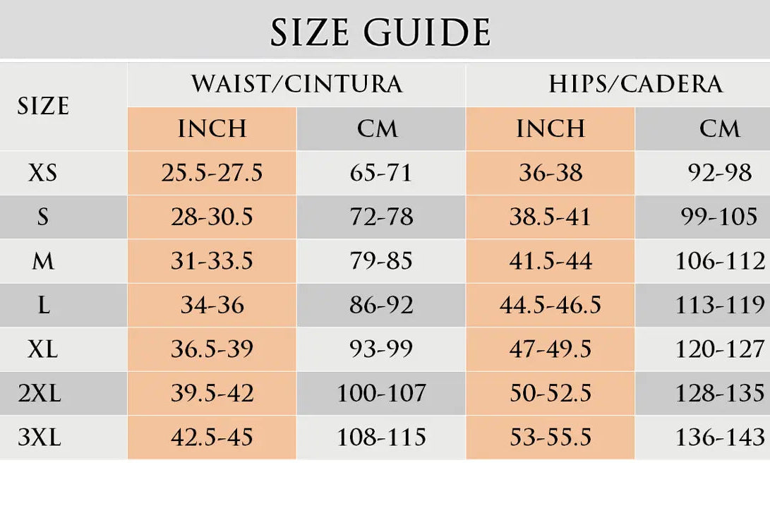 Size guide chart with waist size and hips size.
