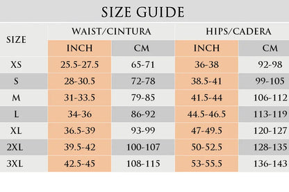 Size guide chart with waist size and hips size.