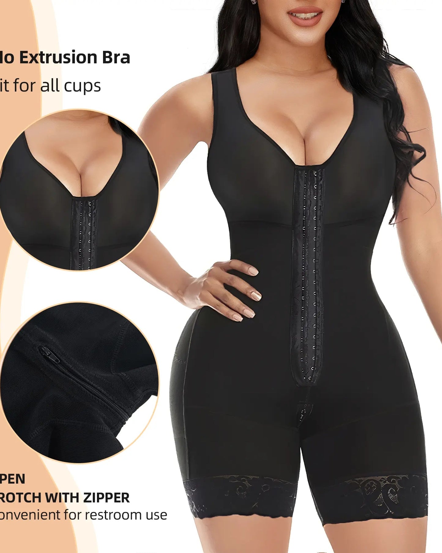 Black shapewear bodysuit with open crotch and zipper, fit for all cup sizes.